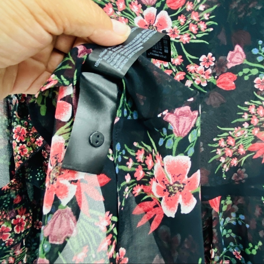 Zara Women Sheer Floral Long Sleeve Ruffled Layered Pink Black Cuffed Blouse SzM - Picture 9 of 15